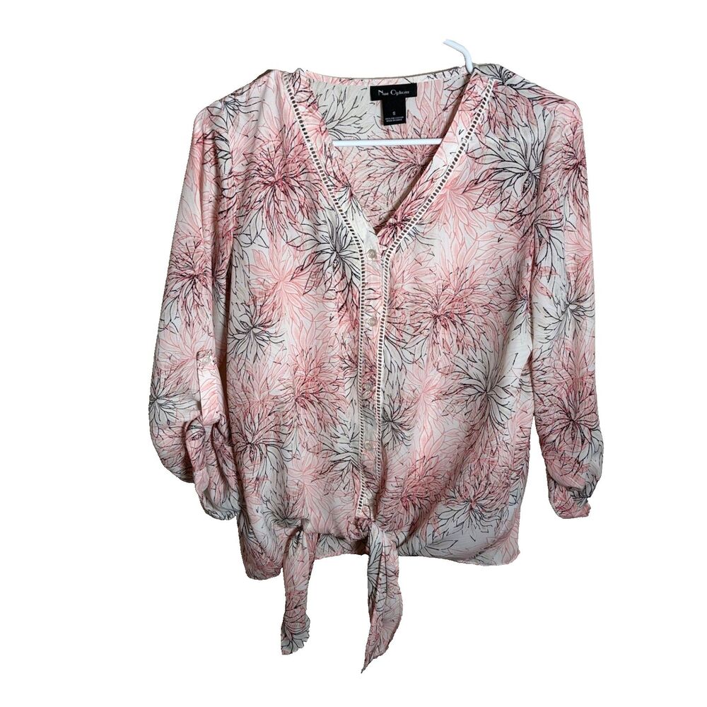 Nue Options Blouse Women's Small Pink Sheer V-Neck Tie Lightweight Top